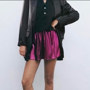 NEW! ZARA Smocked Waist Pleated Metallic Shimmer Paperbag Shorts Small